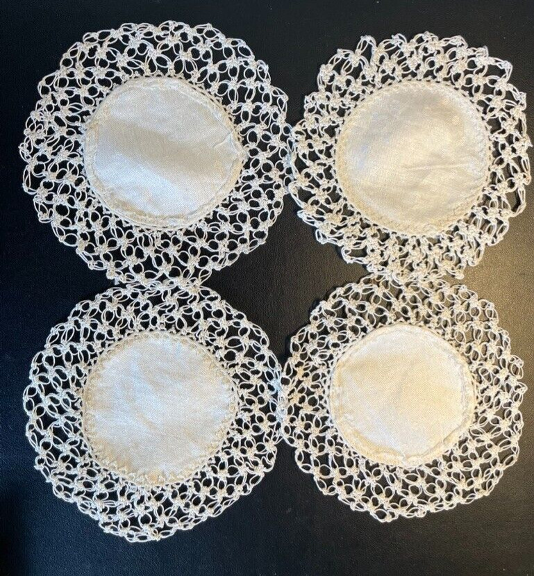 4 Charming Antique Vintage White Round Lace Coasters Knitted lace or broomstick