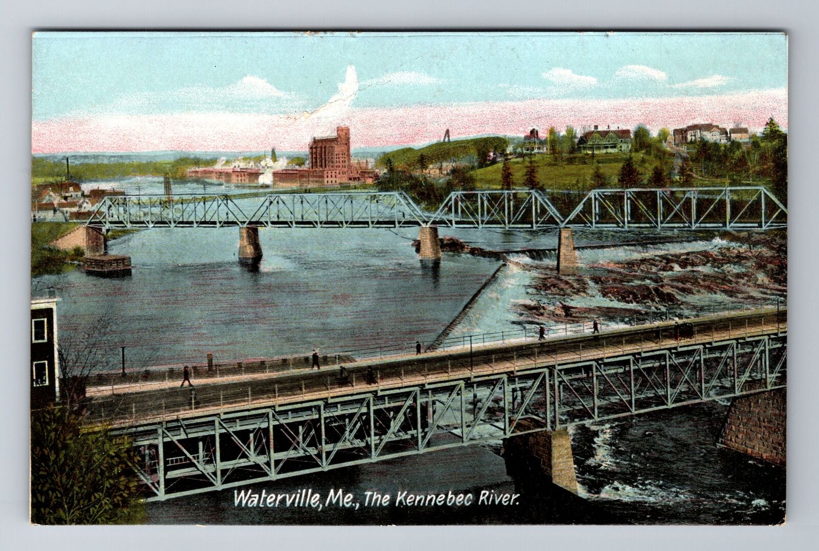 Waterville ME-Maine, The Kennebec River, Aerial, Vintage Souvenir Postcard