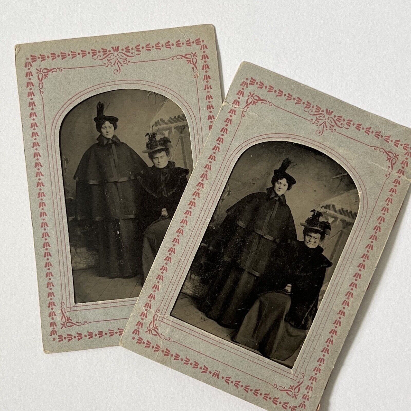Antique Tintype Photograph Beautiful Woman Huge Cape Coat Sisters Women Lot Of 2