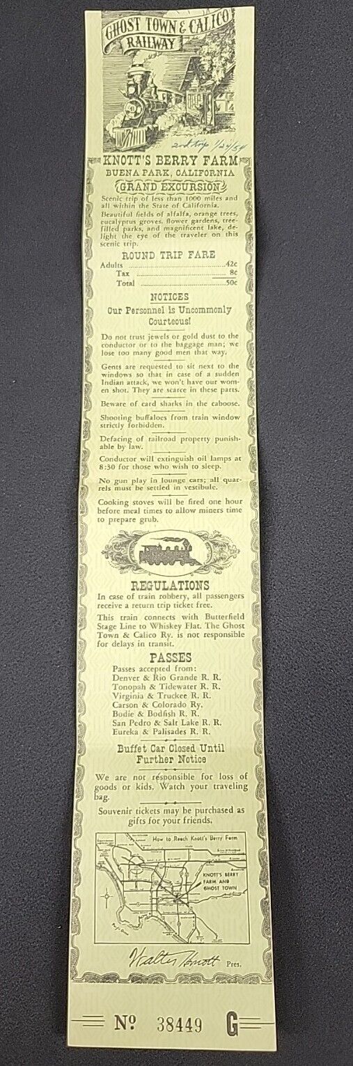 Vintage 1954 Ghost Town & Calico Railway Ticket Knotts Berry Farm Buena Park CA 