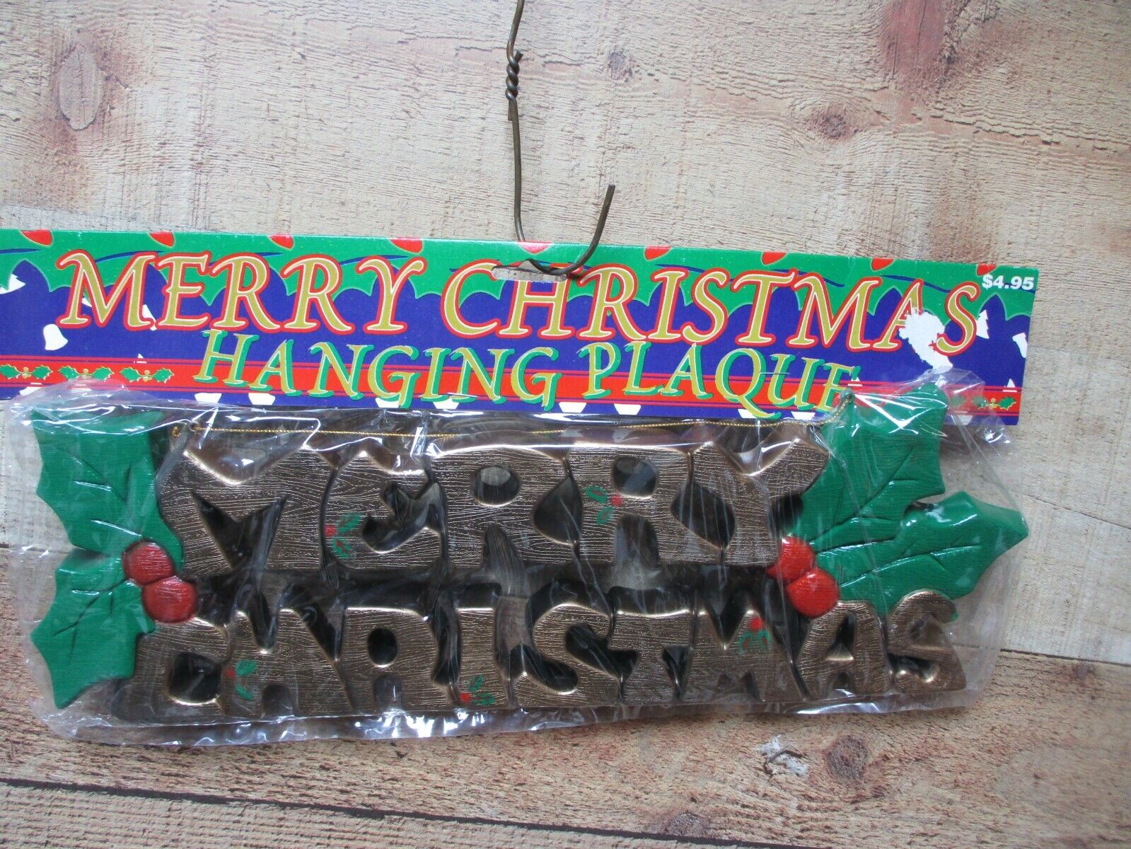 Vintage Molded Plastic Merry Christmas Plaque w/ Holly & Berries 14”