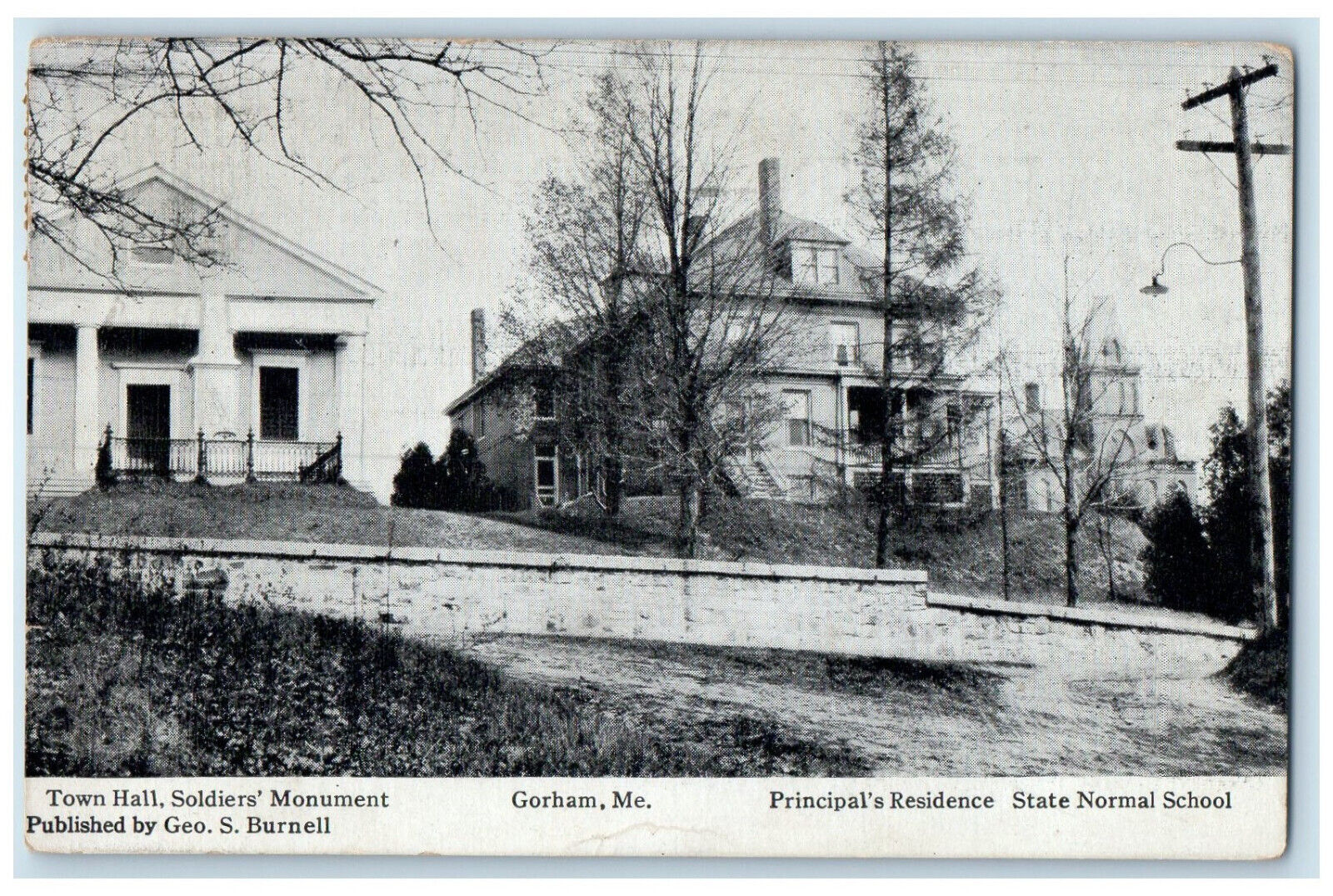 1914 Town Hall Soldiers Monument Principal Residence Gorham Maine ME Postcard