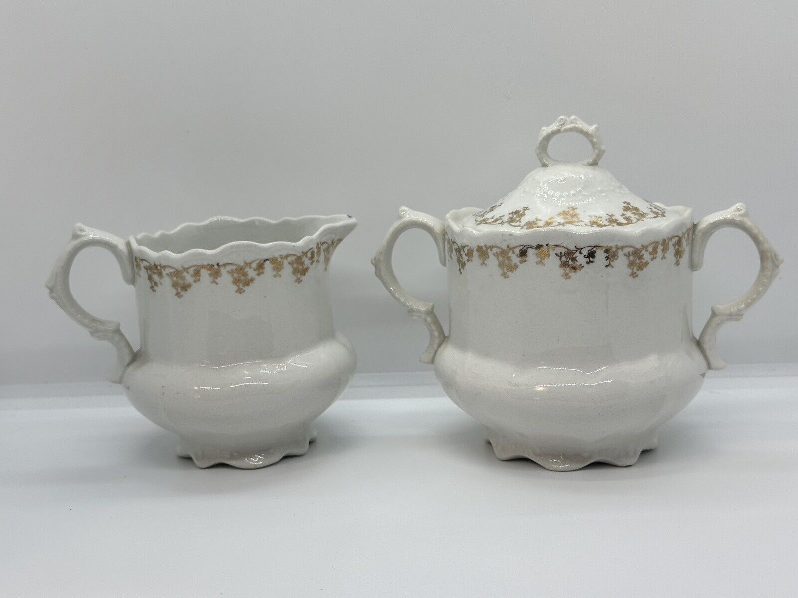Rare Harker Pottery Company Golden Florals  Creamer  And Sugar Late 19th Century