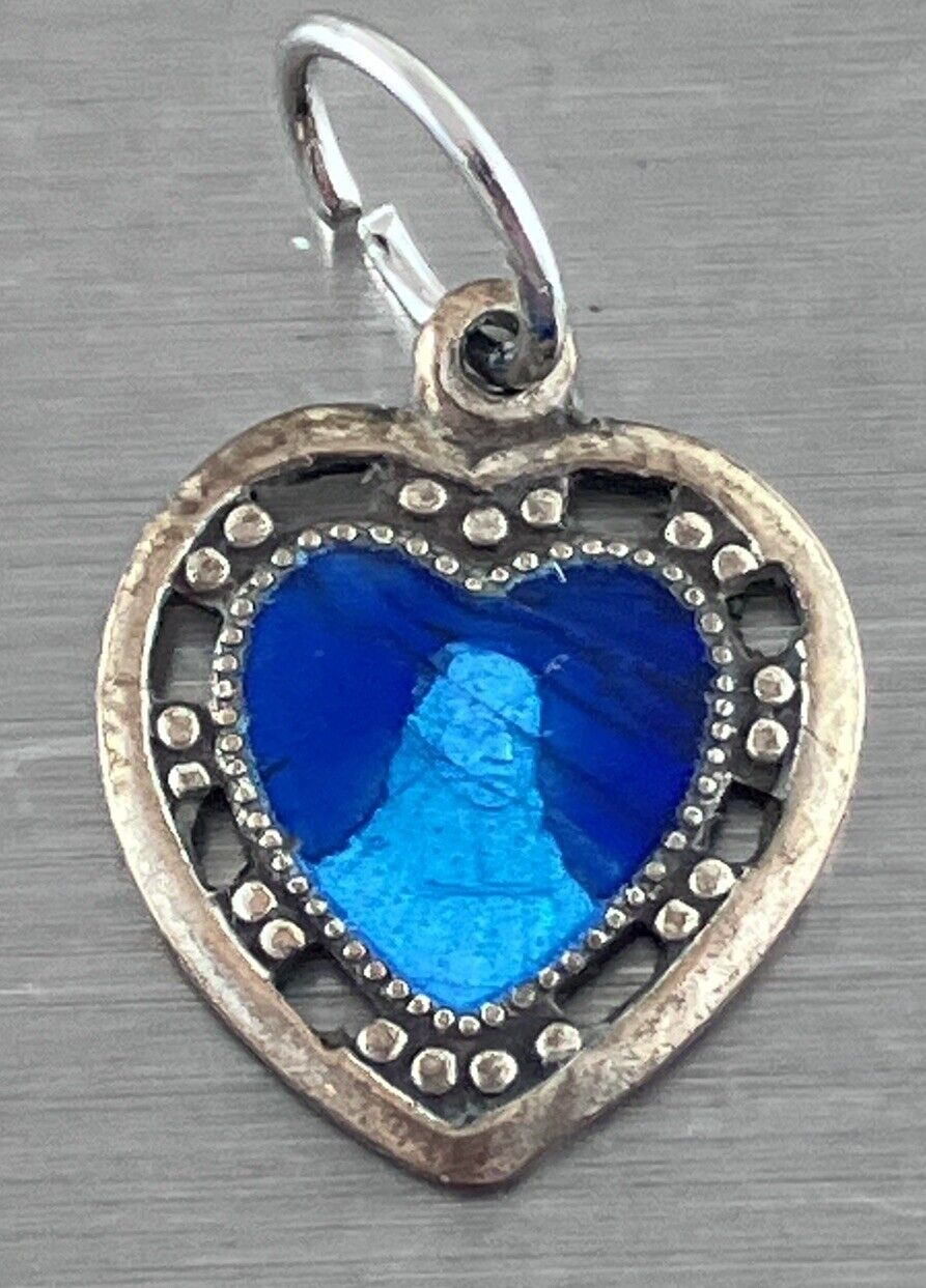 Vintage Catholic Blue Enamel Silver Tone Heart Religious Medal