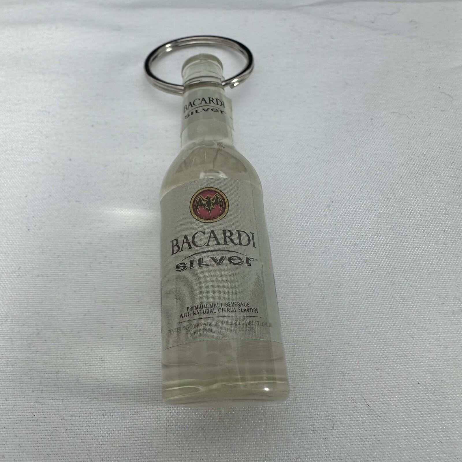 Bacardi Silver Clear Plastic Bottle Key Chain Can Bottle Opener 3” Tall Vintage