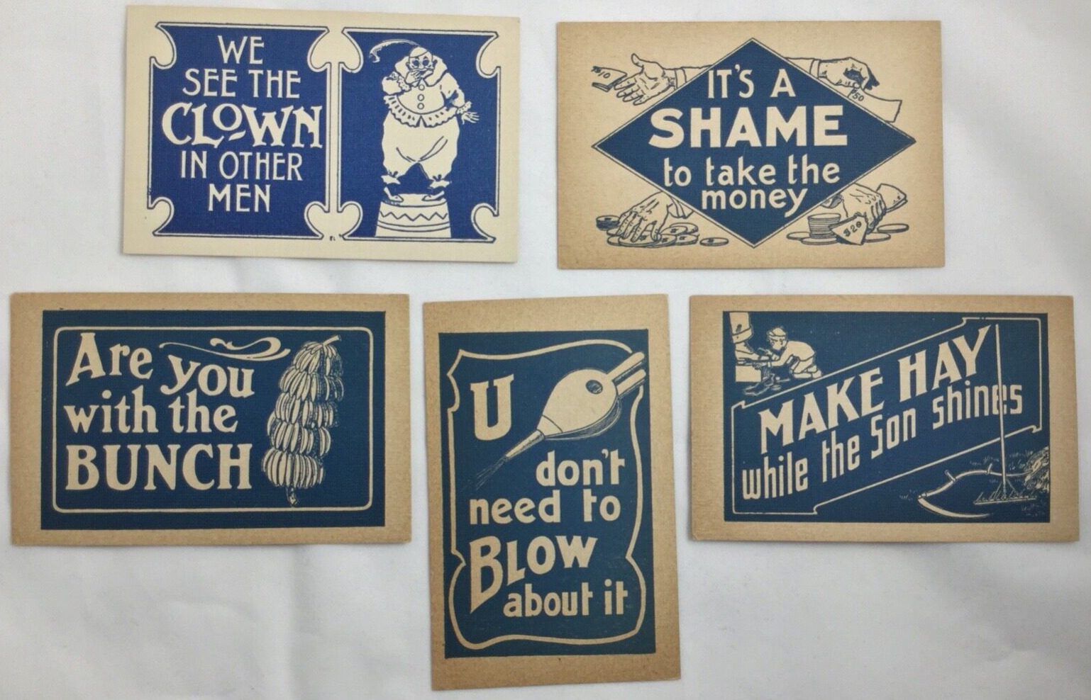 Lot of 5 Vintage Postcards (c. 1907) One-Color Lithograph With Sayings Unused