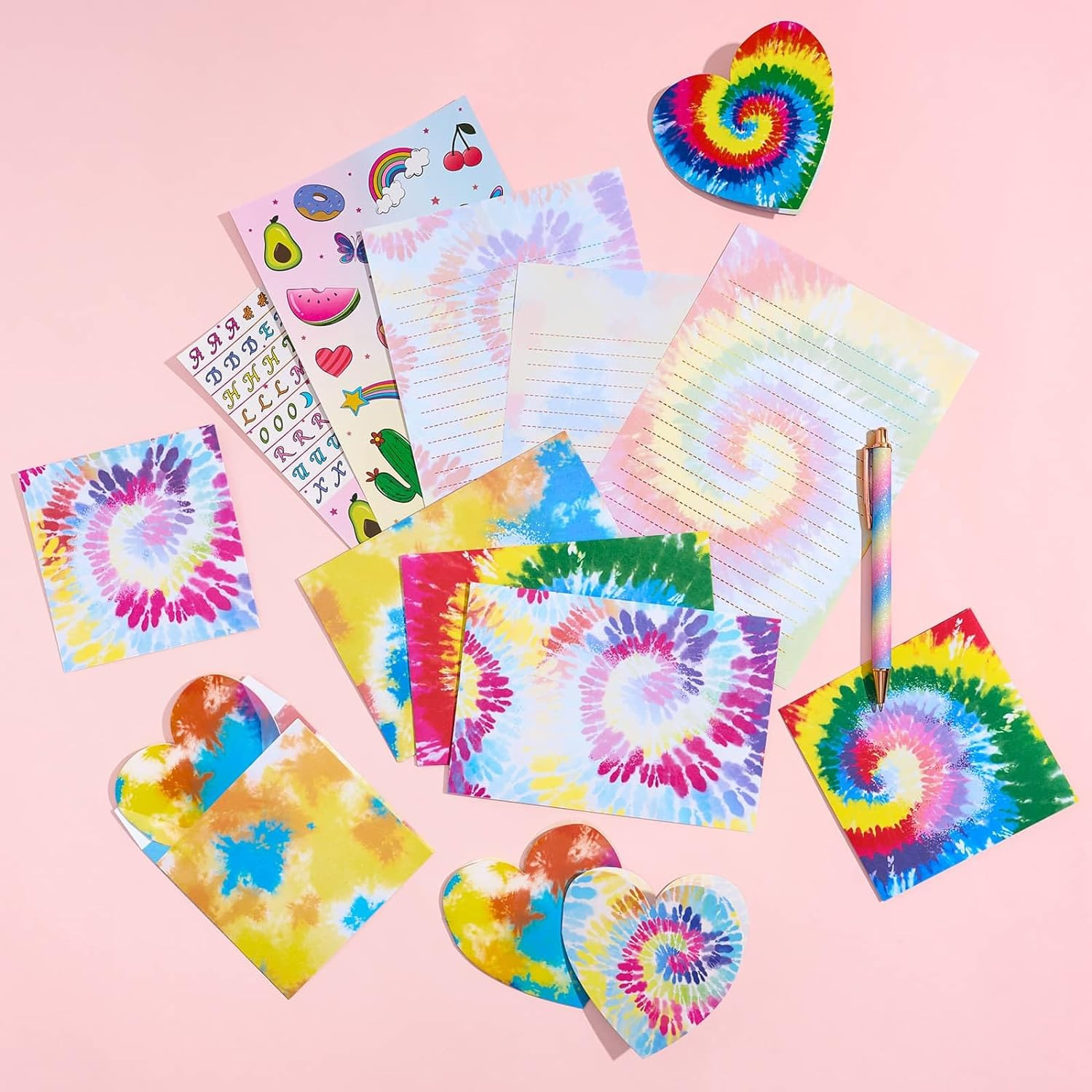 Tie Dyed Stationery Set - 69 PCS Rainbow Girls Stationery Paper with Lines Lette