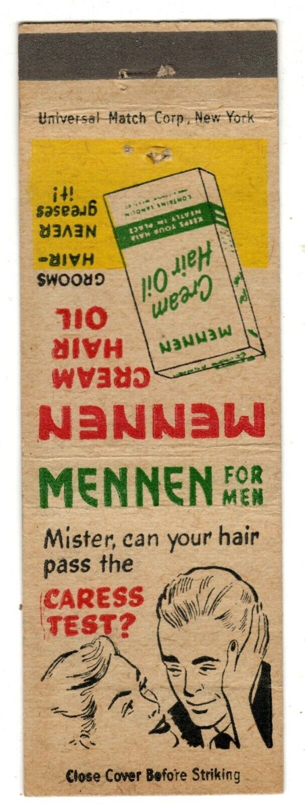 MENNEN CREAM HAIR OIL matchbook matchcover - VINTAGE ADVERTISING