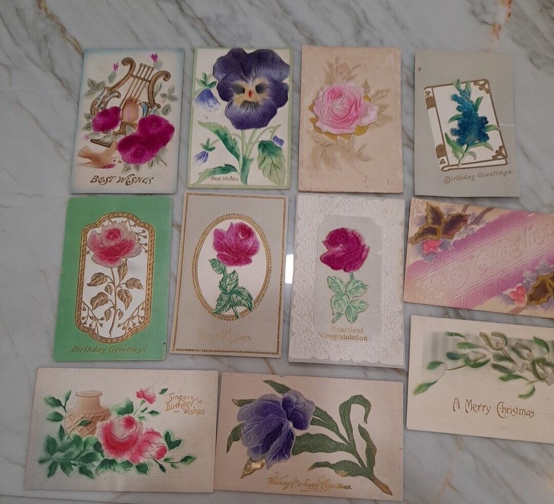 Antique Early 1900s Embossed Velvet Flower Postcards Lot 