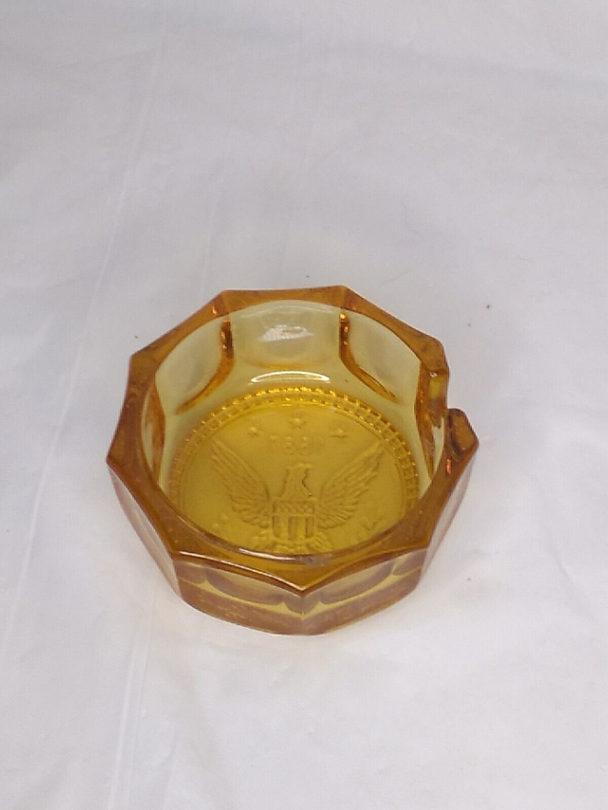 Vintage 1887 American Eagle Small Amber Pressed Glass Ash Tray Personal Size
