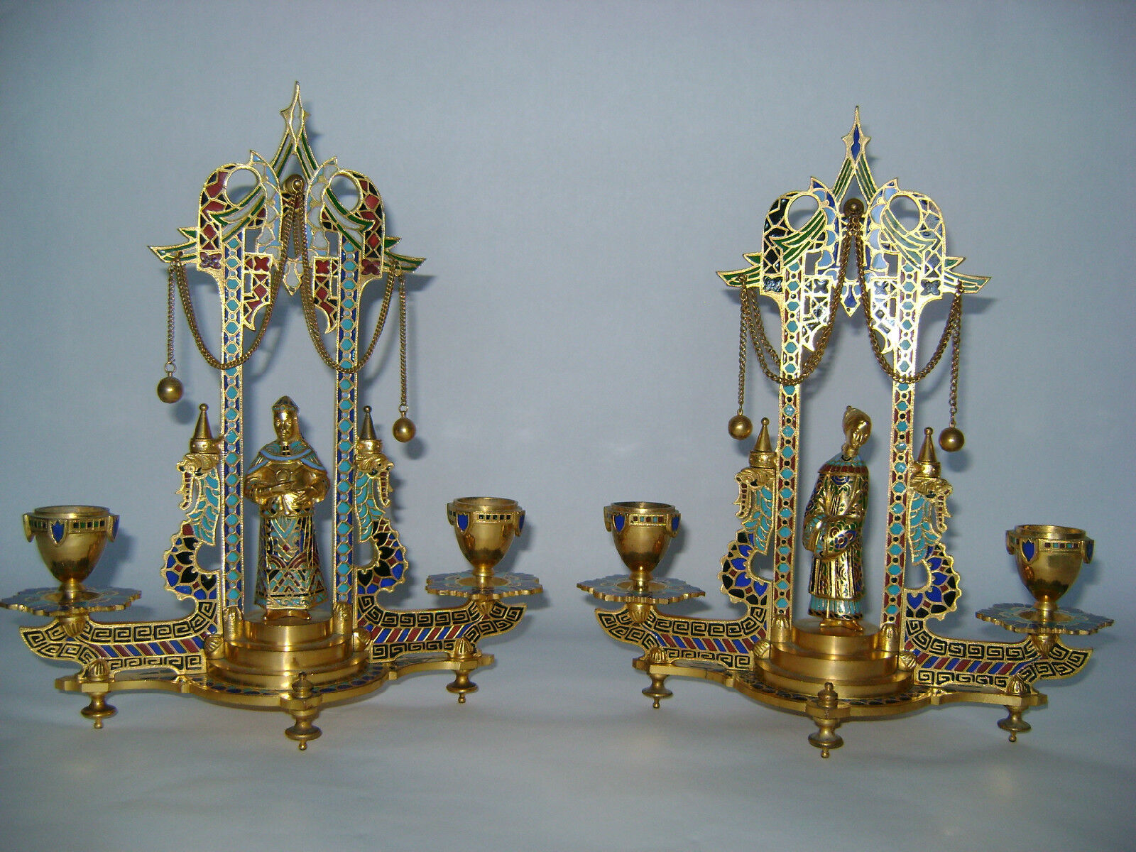 PAIR OF ANTIQUE BRONZE CHINOISERIE CHAMPLEVE ENAMEL CANDELABRA 10\