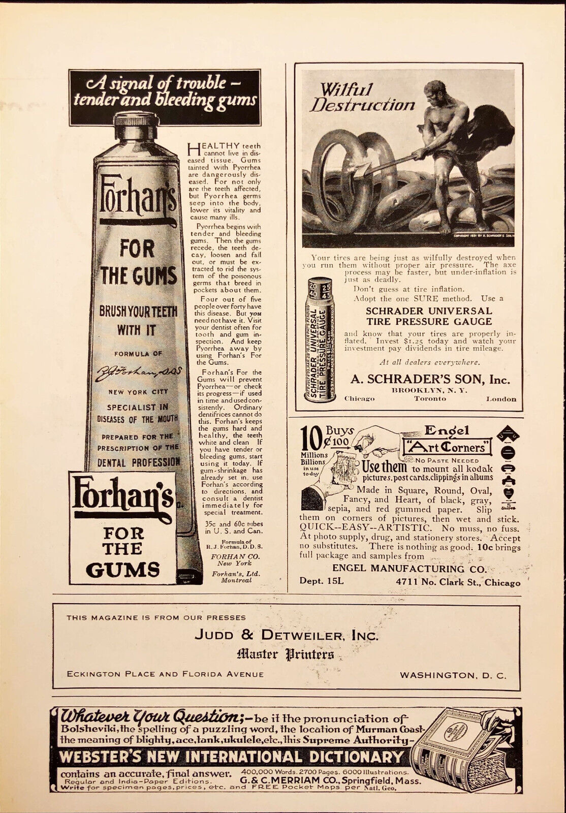 1921 Forhan's Toothpaste For the Gums  + Schrader Tire Gauge Antique Print Ad