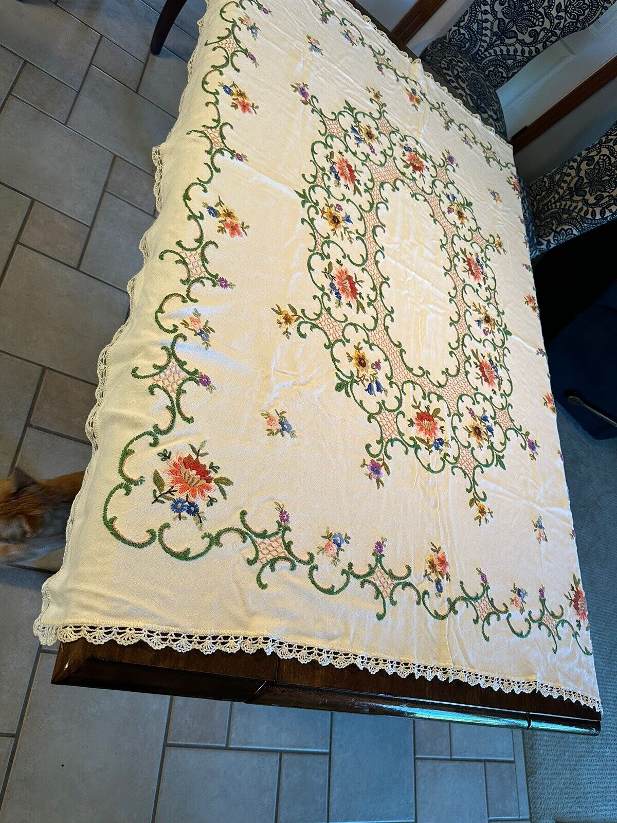 Vintage STUNNING Needlepoint Floral Tablecloth Appx 57”x45” VGUC