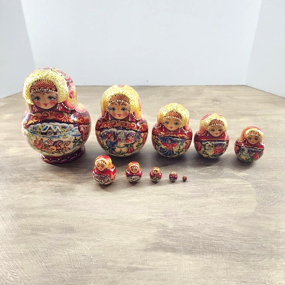 VTG Russian Matryoshka 5” Nesting Dolls 10 Piece Signed Winter Village Red Gold