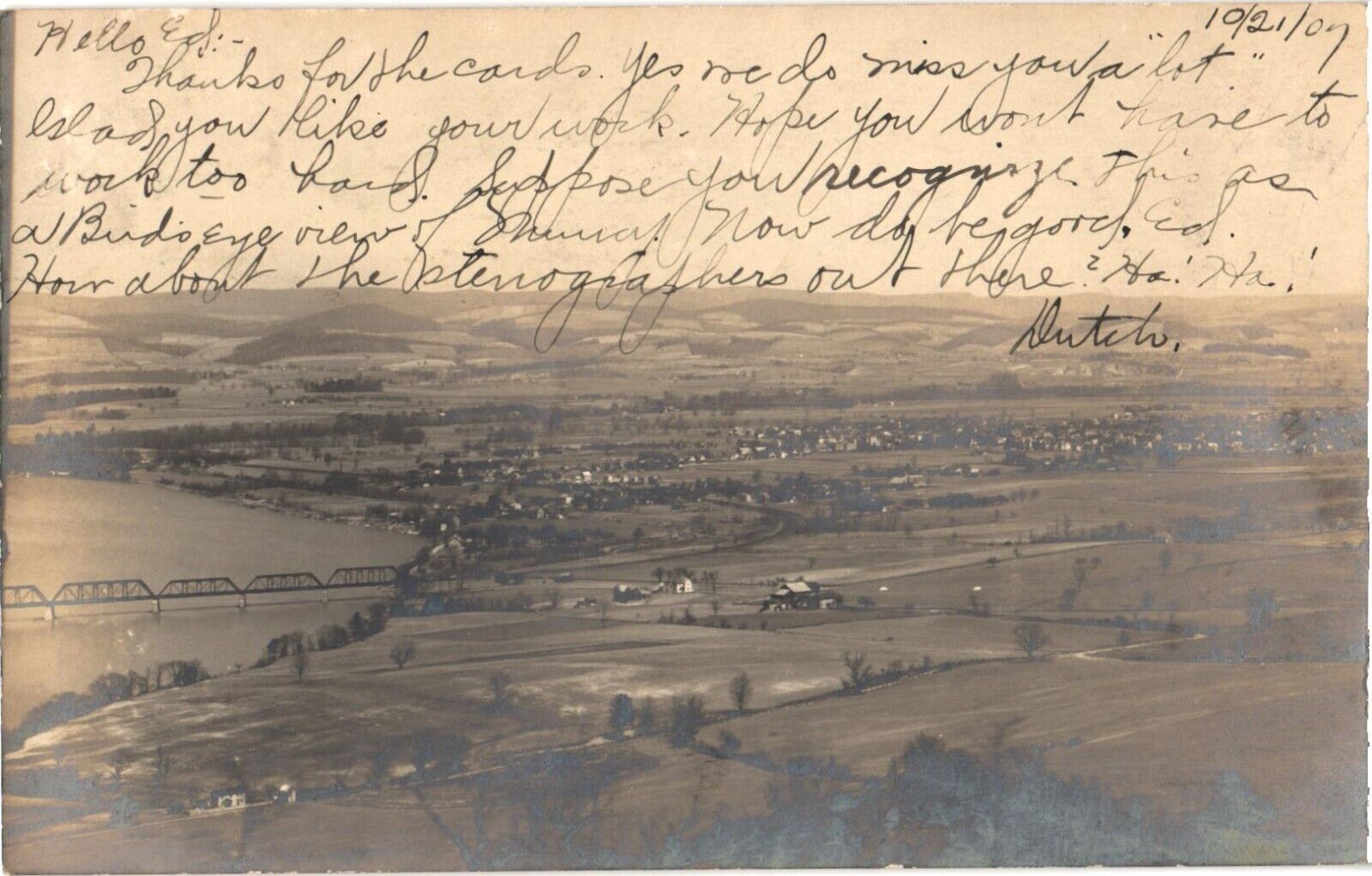Bird's Eye View of City, Showing Bridge And Lake Postcard