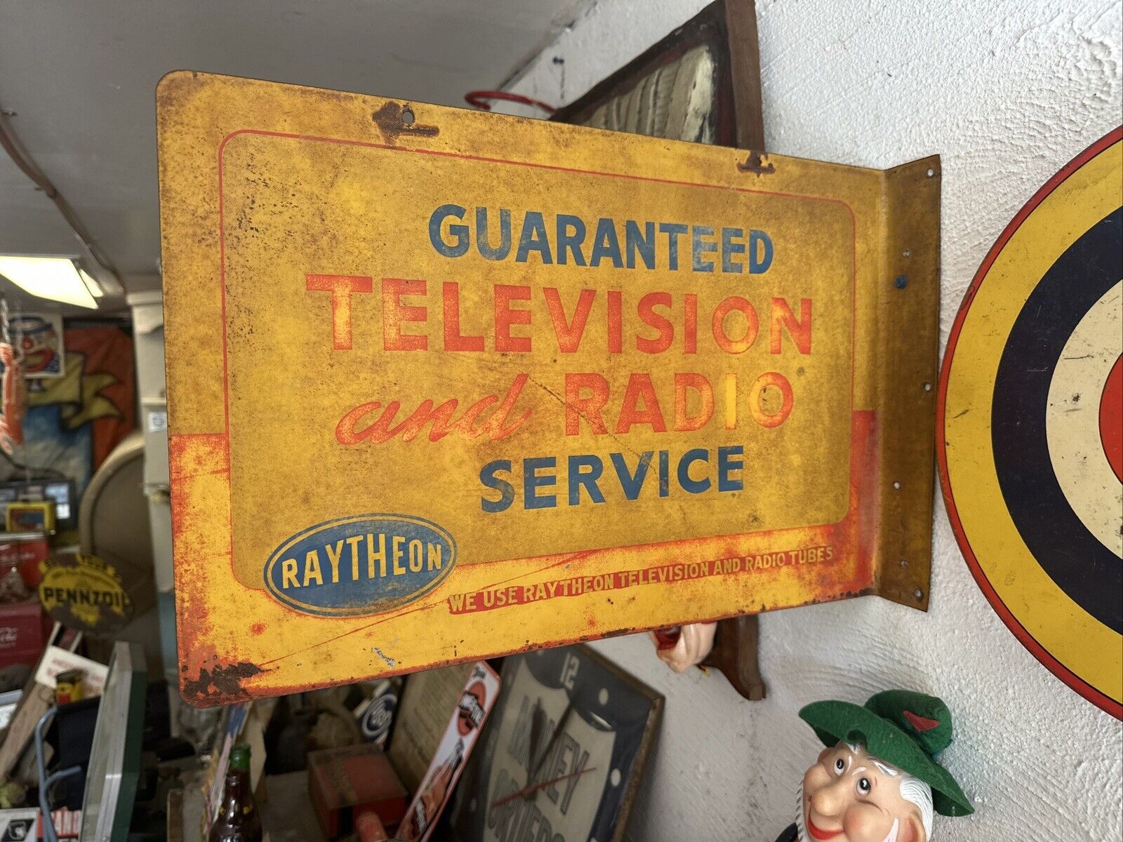 Vintage Original Tv Radio Advertising Flange Sign Rare Raytheon Tubes Wow 