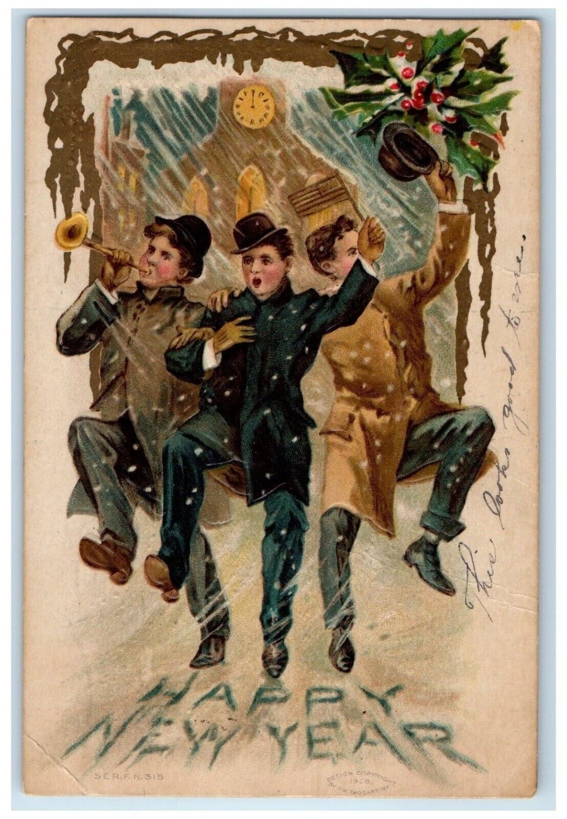 c1910\'s New Year Boy Singing Clock Winter Scene Mankato Minnesota MN Postcard