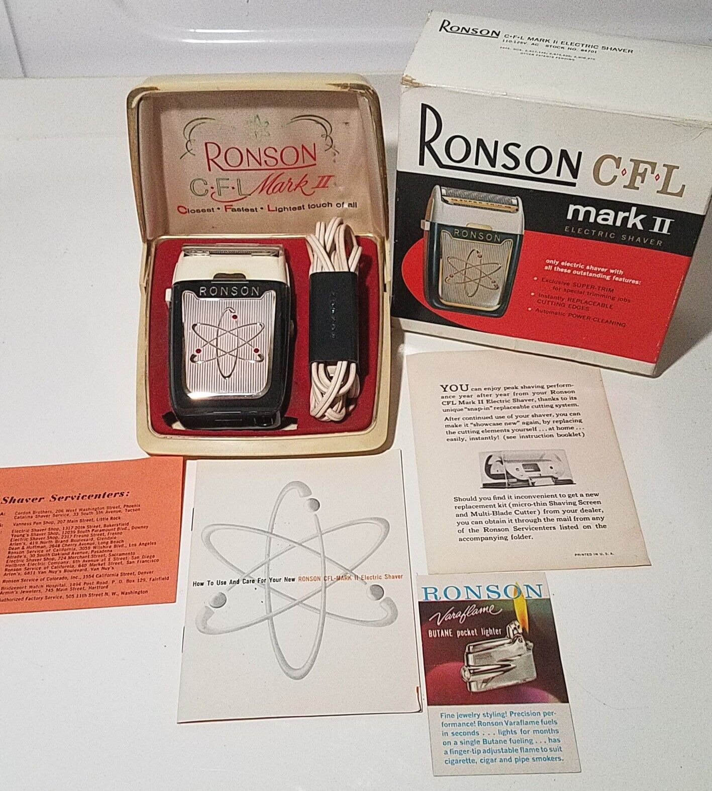 Vintage Ronson Model CFL Mark II Electric Razor Shaver 1960s W/ Box, Manual +