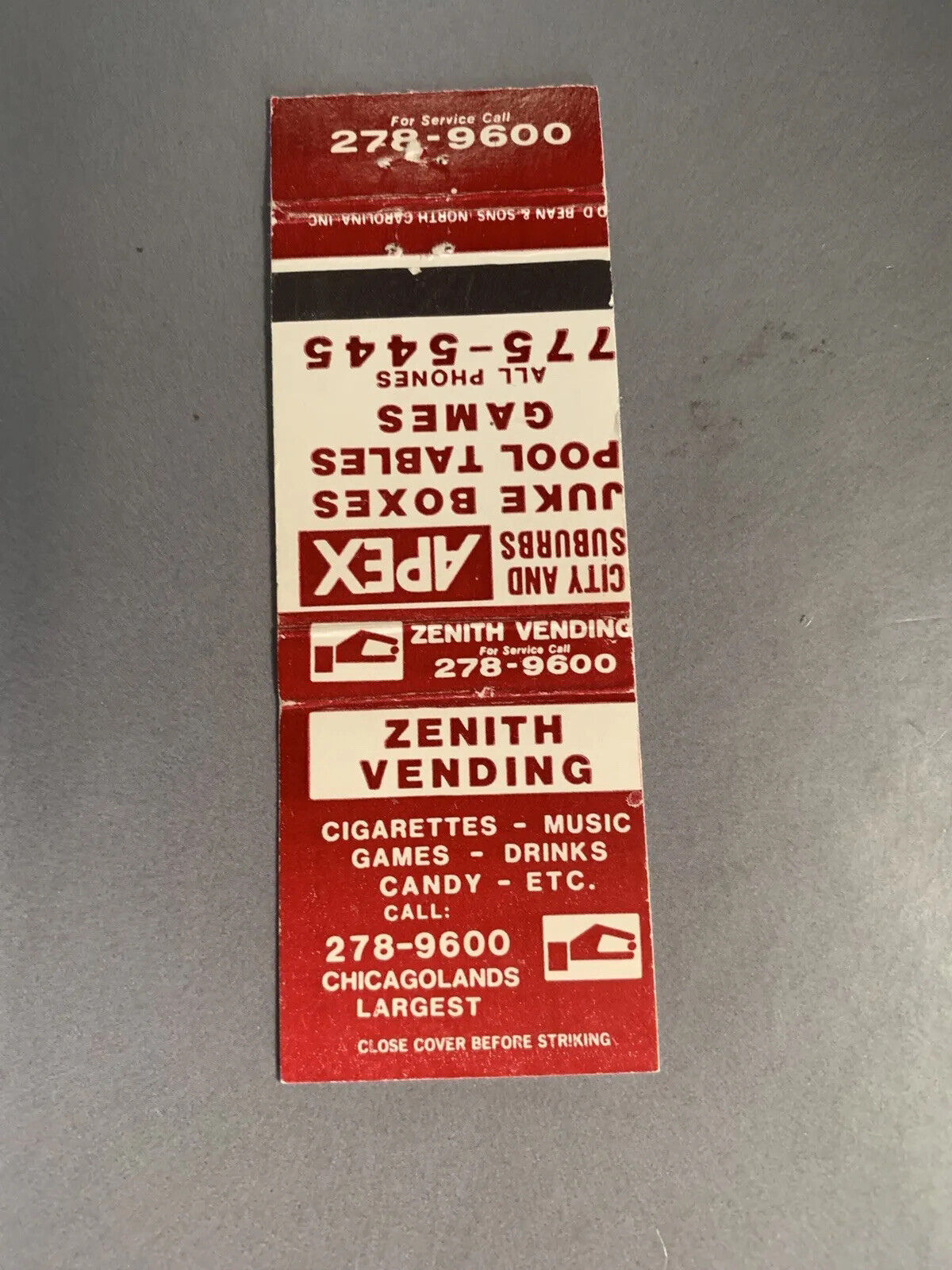 Vintage 1970s-1980s Zenith Vending Chicago Matchbook Cover Apex 70s 80s Vtg