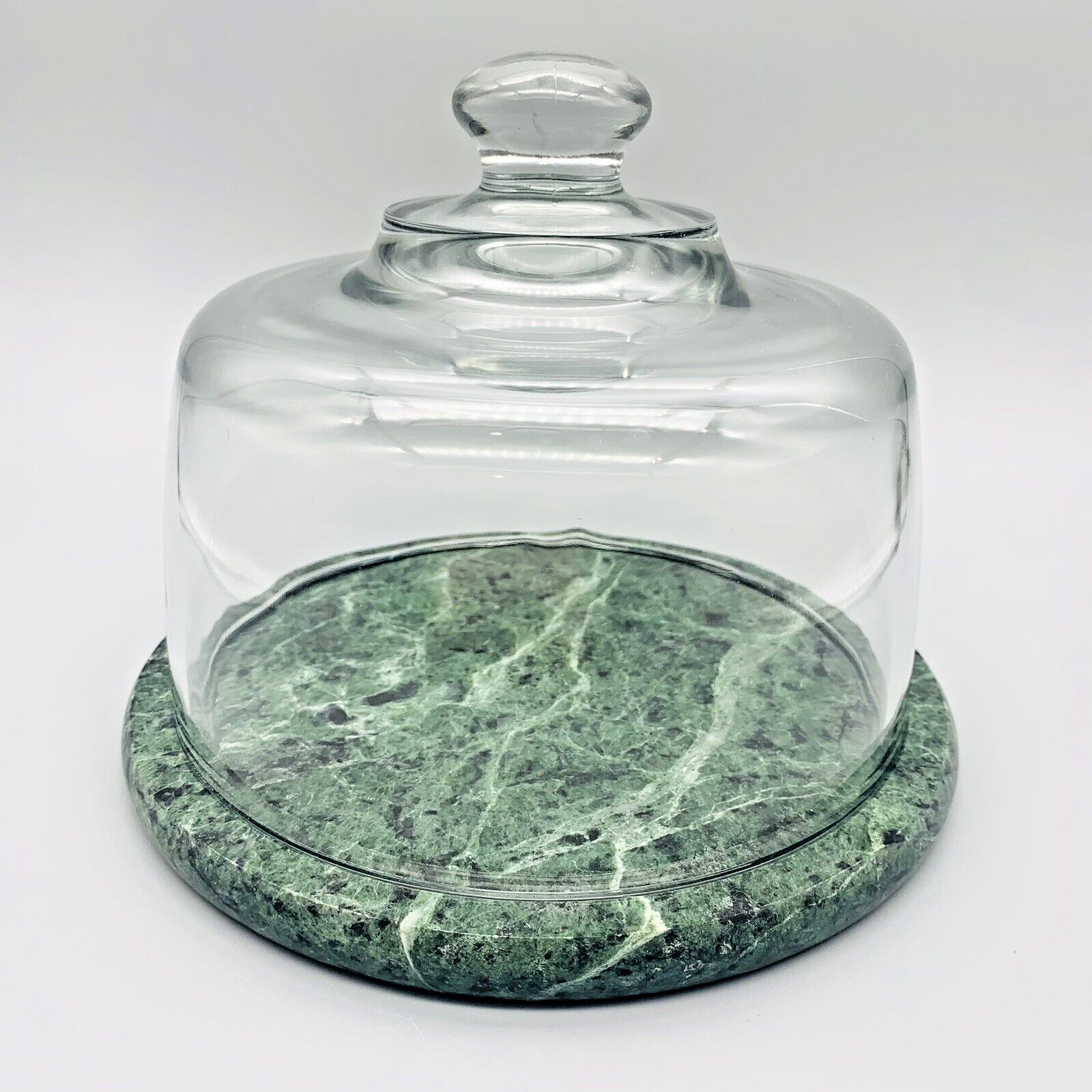 Green Marble Round Cheese Keeper Board Tray w/Glass Dome Cloche