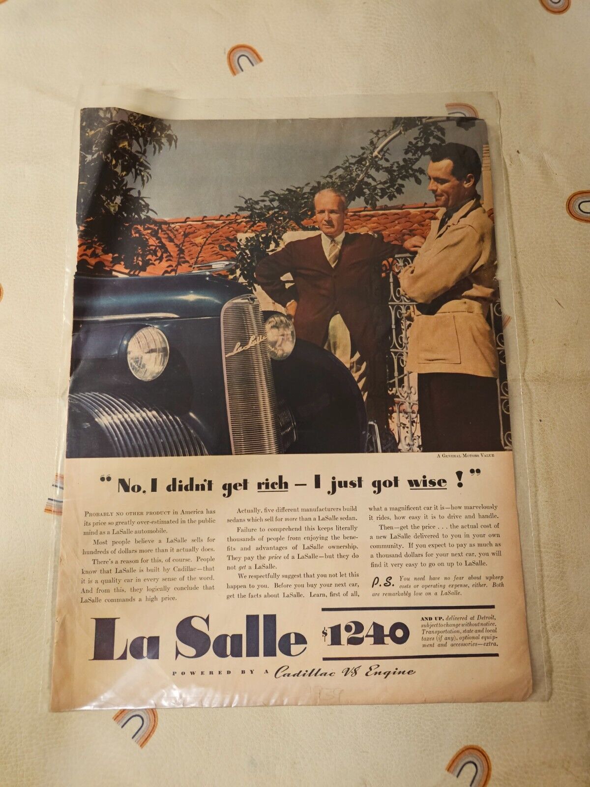 Antique 1939 Lasalle Cadillac v8 Engine Magazine Advertisement Vintage Print Ad