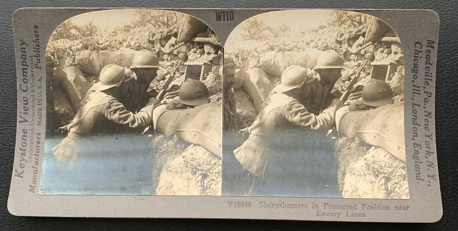 SHARPSHOOTERS IN PROTECTED POSITION NEAR ENEMY LINE WW1 KEYSTONE STEREOVIEW W110