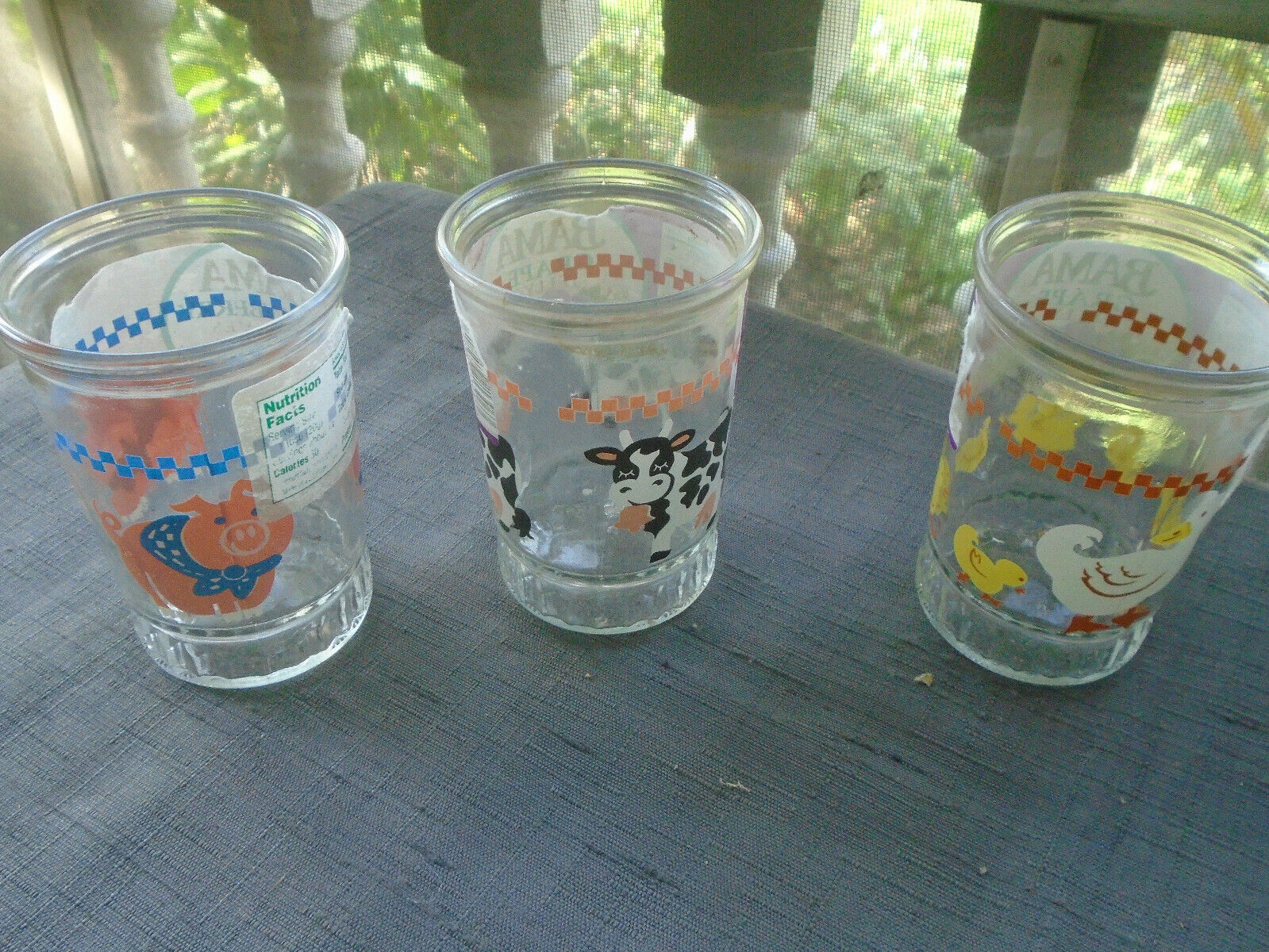 VTG BAMA Lot of 3 Jelly Jar Juice Glass 4”  Cow - Pig & Duck family