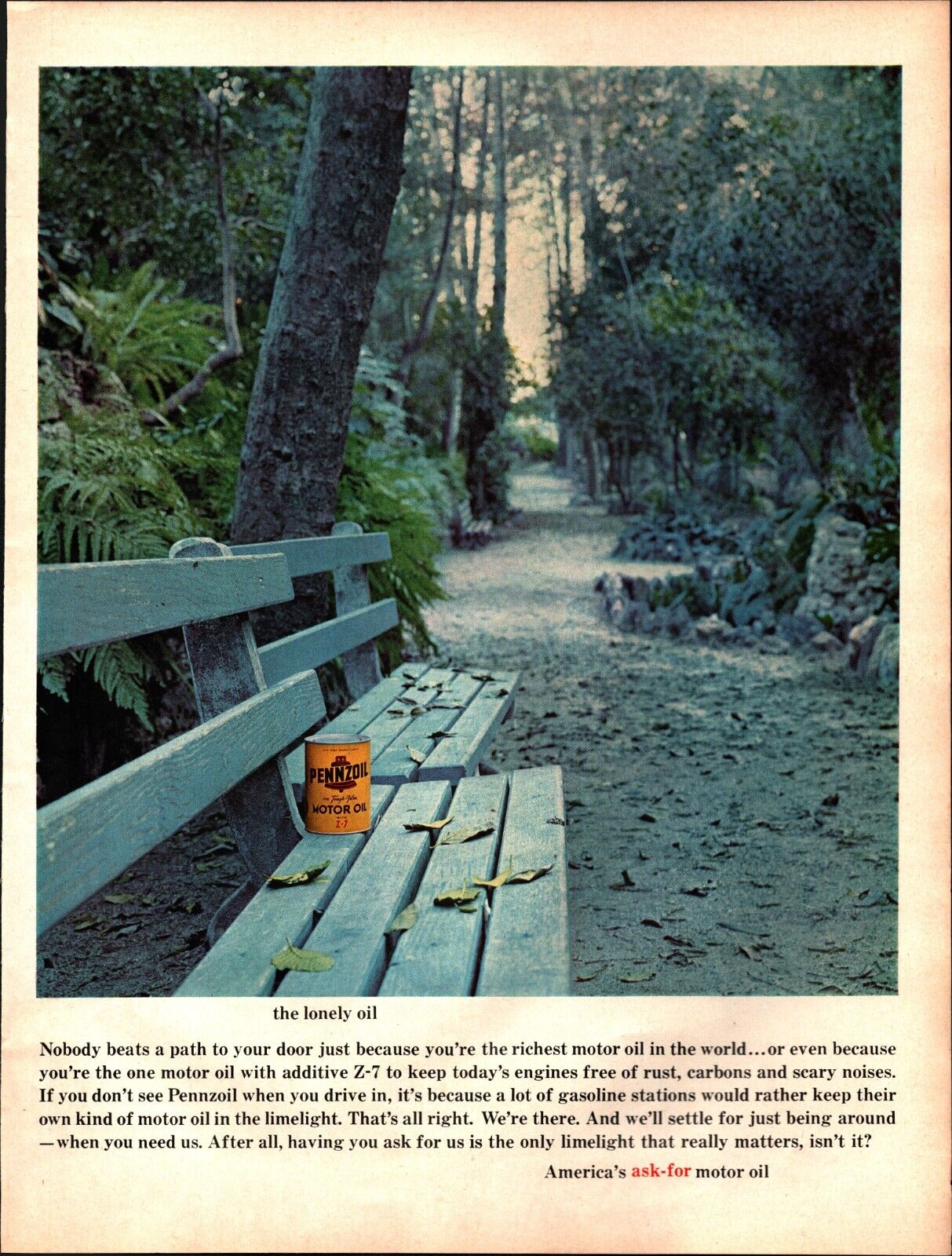 1968 Pennzoil Vintage Print Ad The Lonely Motor Oil Park Bench Automobile c4