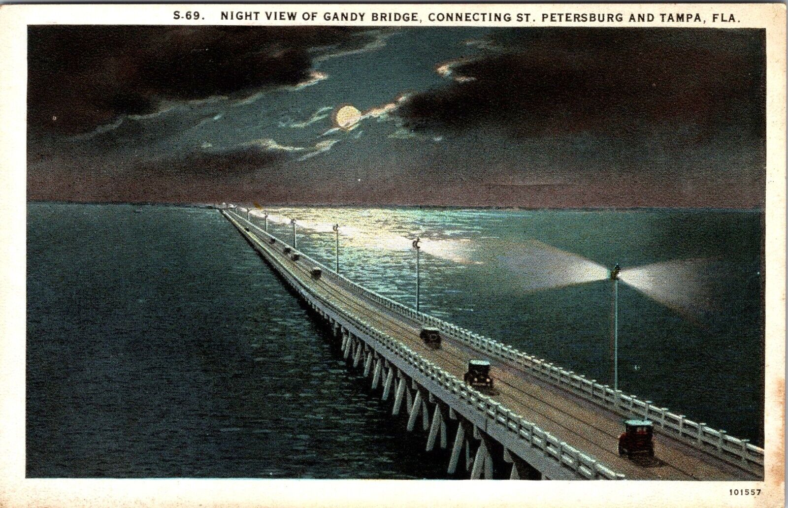Vtg old cars Postcard 1925 Night View of Gandy Bridge Across Tampa Bay FL a1
