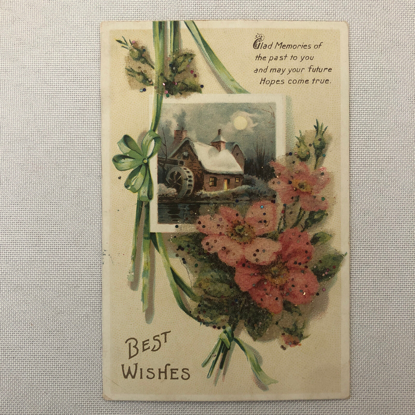 Antique Best Wishes Postcard Post Card Vintage Posted 1912 Embellished Sparkles