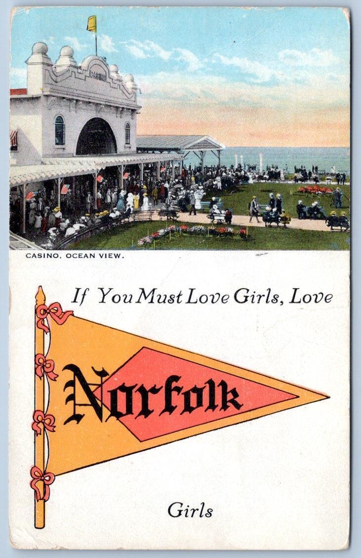 1936 NORFOLK VIRGINIA*VA*CASINO*OCEAN VIEW*PENNANT POSTCARD*MUST LOVE GIRLS