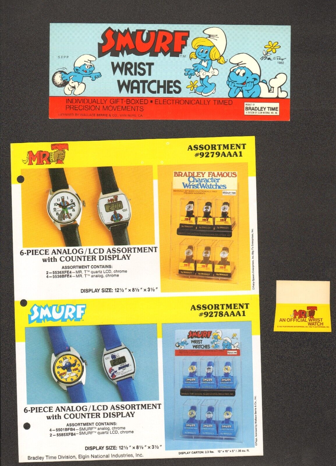 Bradley Time Mr T, Smurf Salesman Sample + Display Head Card  + Watch Box Insert