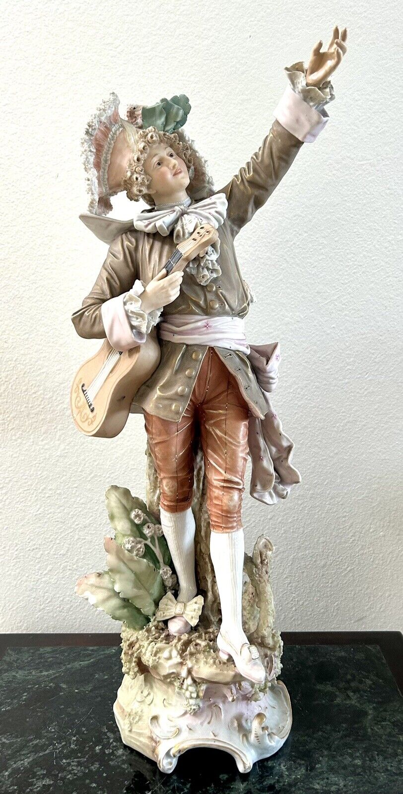 RARE Antique Royal Dux Victorian Man with Guitar Sculpture Figure 21”H