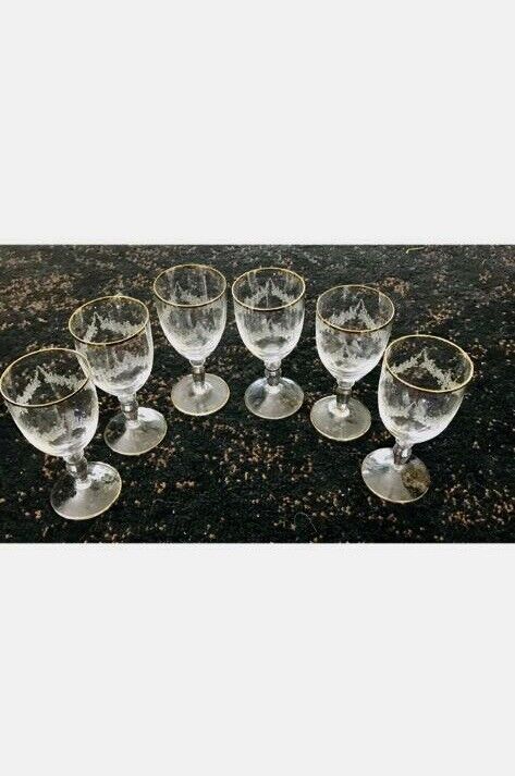 CZECH CRYSTAL 6 WINE GLASSES WITH ENGRAVED ANTIQUE DESIGN AND GOLD TRIM 5\