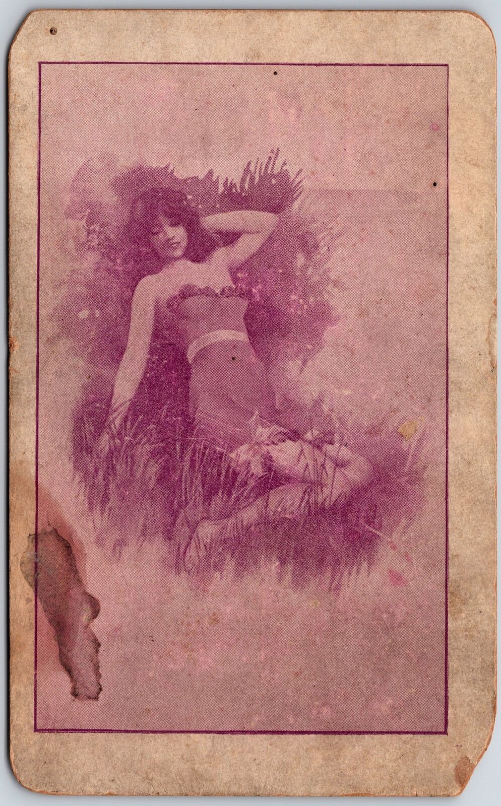 Sexy Lady Lying On the Grass Antique Photo Postcard