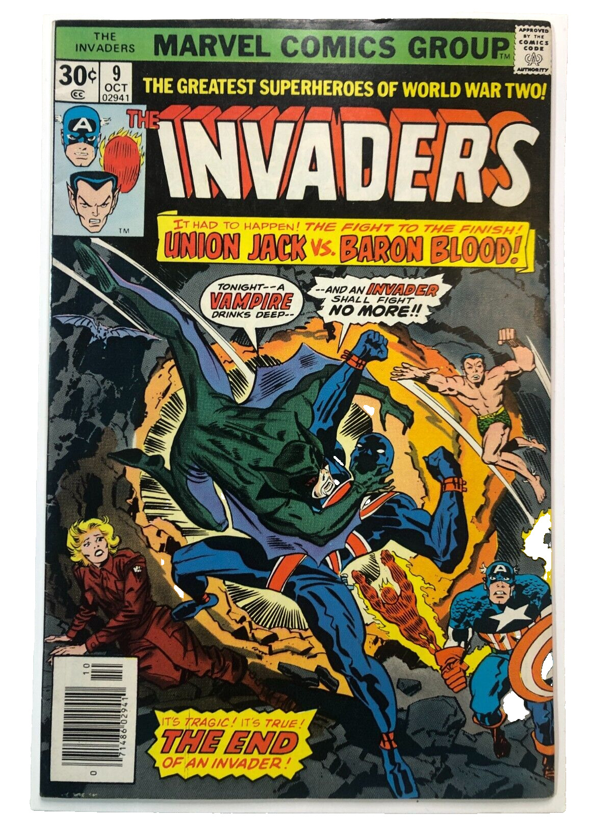 The Invaders #9 Vintage Marvel 1976 Baron Blood/Union Jack Very Nice Condition
