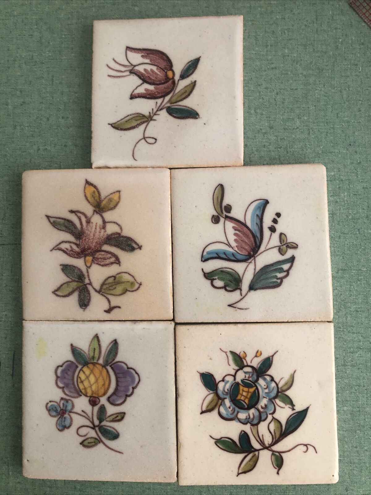 Set Of 5 Vintage Sant Anna Lisboa Portugal?  Tile Flower Floral 4” Tiles