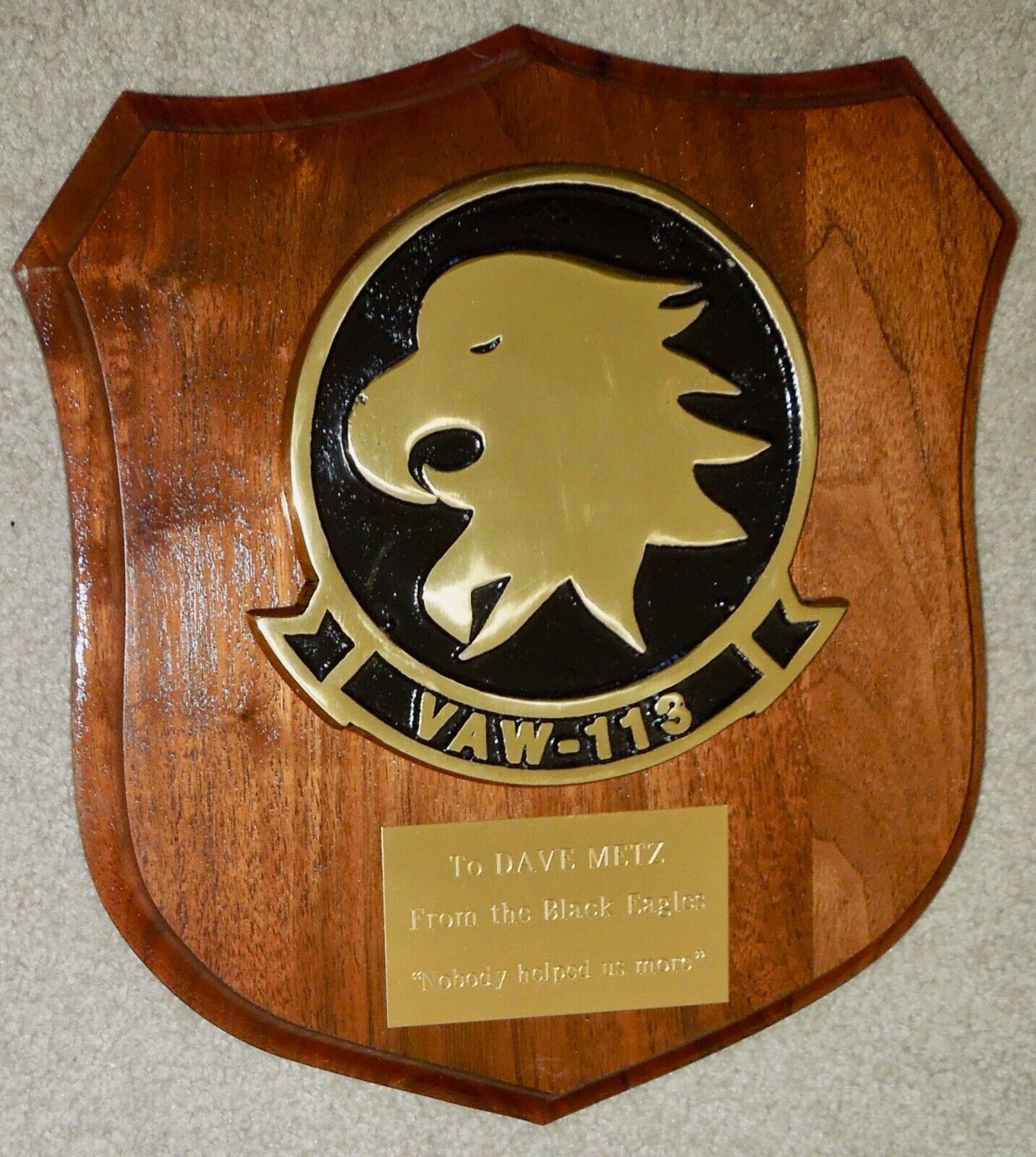 VTG US Navy VAW-113 Black Eagles Squadron Brass on Wood Base Presentation Plaque
