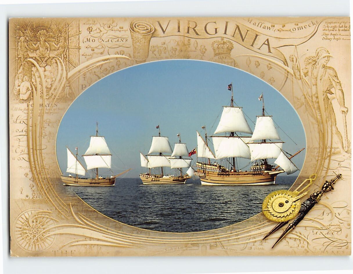 Postcard Replicas of the 3 ships Jamestown Settlement Williamsburg Virginia USA