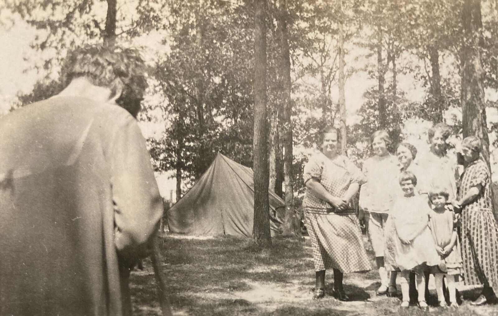 Antique 1920s Photo Woman Taking Picture of  Family Camping Back to Camera