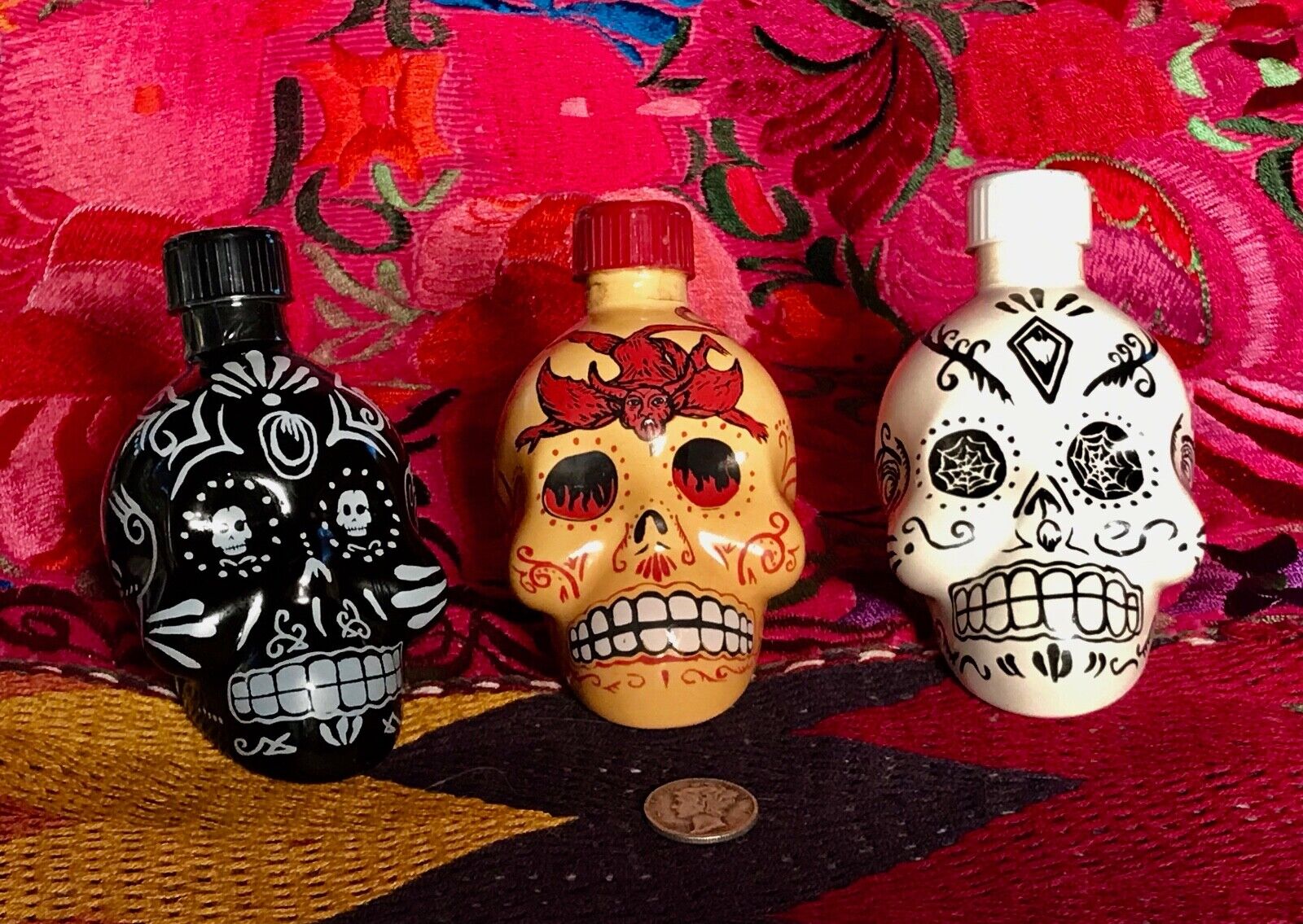Lot of 3 EMPTY KAH TEQUILA  50 ML Hand Painted Skull Head Bottles 