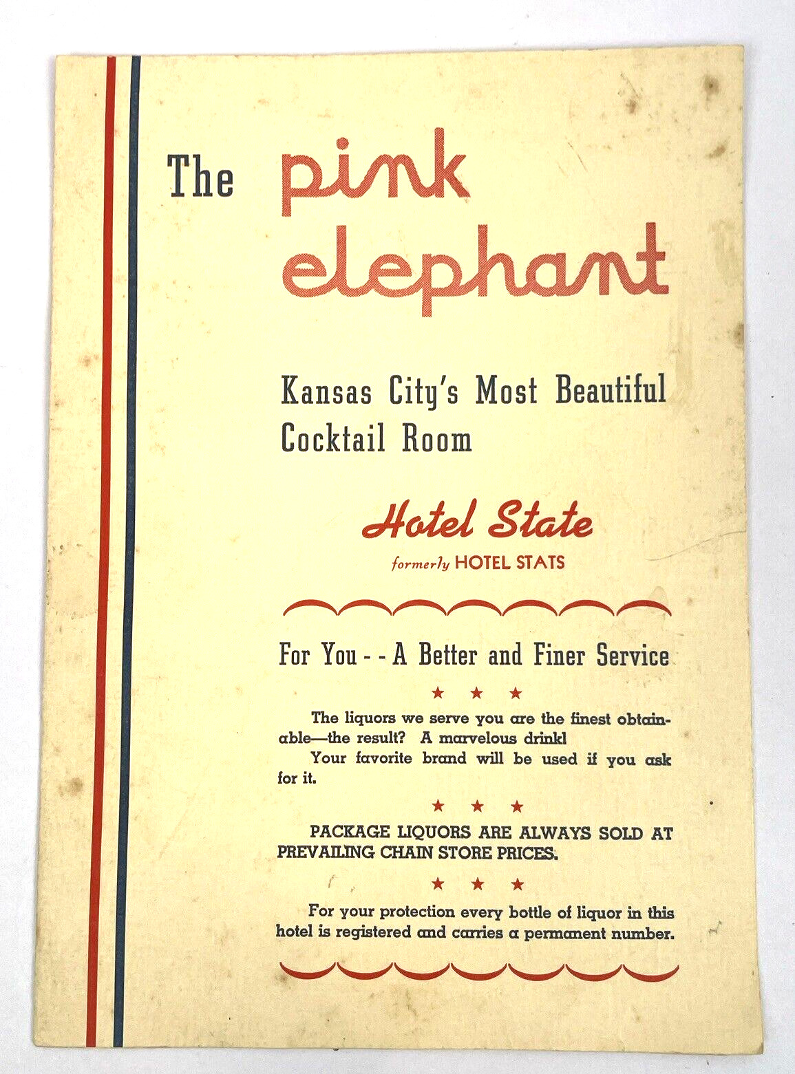 Vintage Hotel State Stats Kansas City The Pink Elephant Bar Menu 1940's Ephemera
