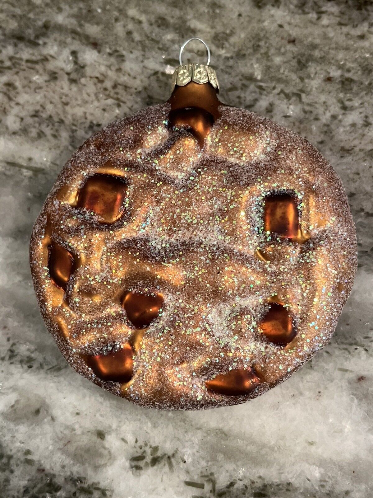 Lot of 2 glass cookie Christmas ornaments bronze tone glitter frosted 3” round