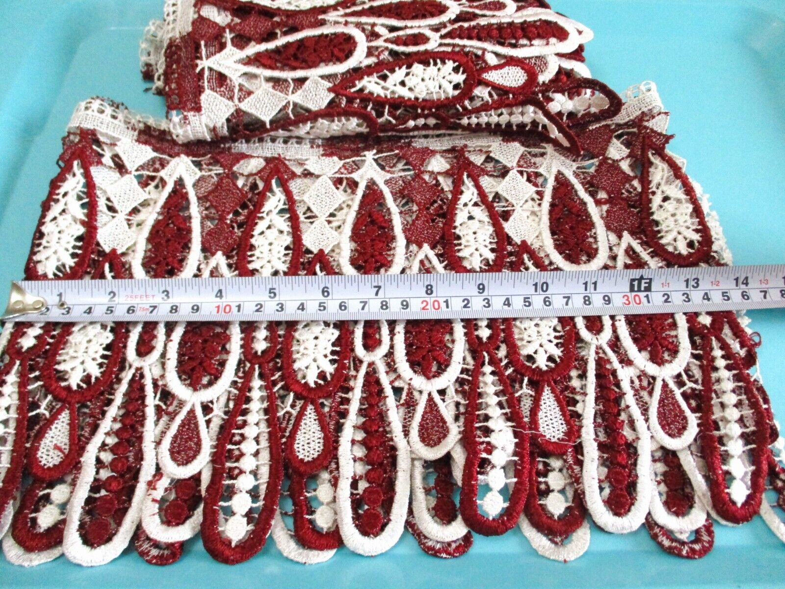 Vintage Scalloped Embroidered Raspberry/Burgundy/White Lace Valance Panels (2)