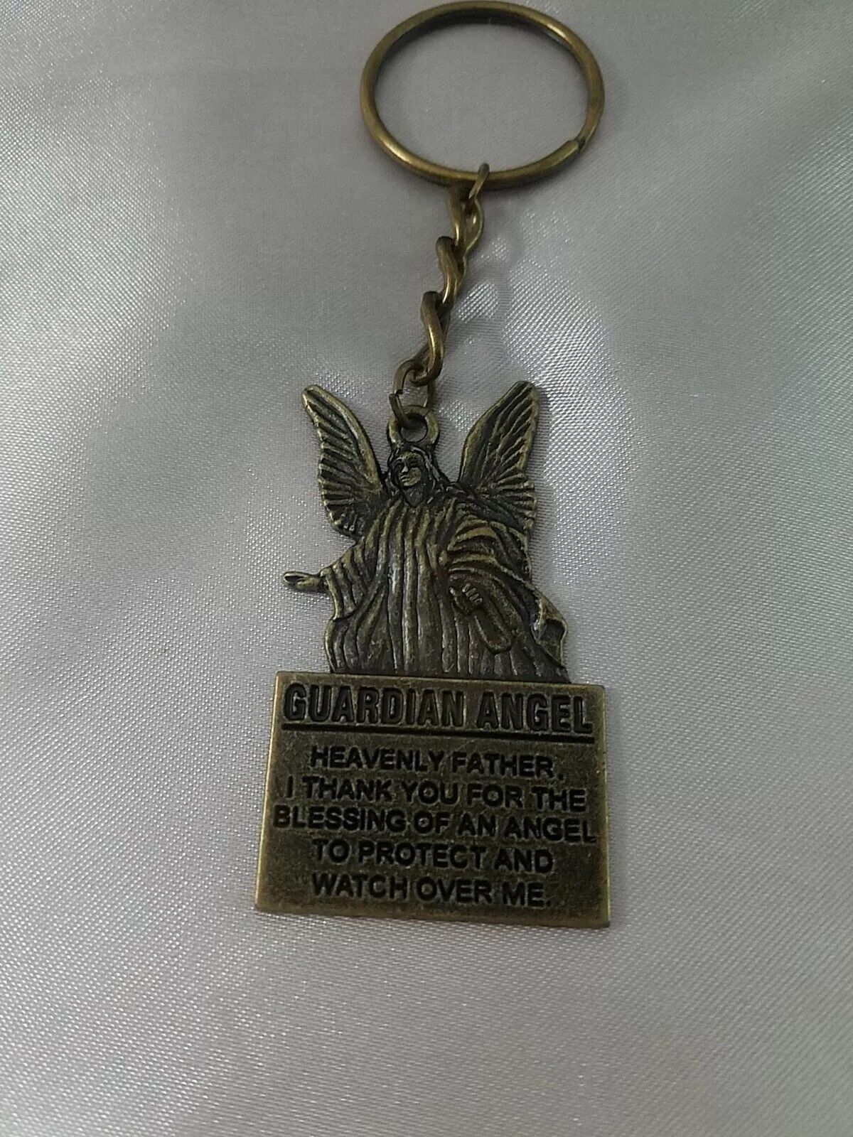 Vintage Guardian Angel Brass Tone Metal Keychain “Heavenly Father I Thank You”