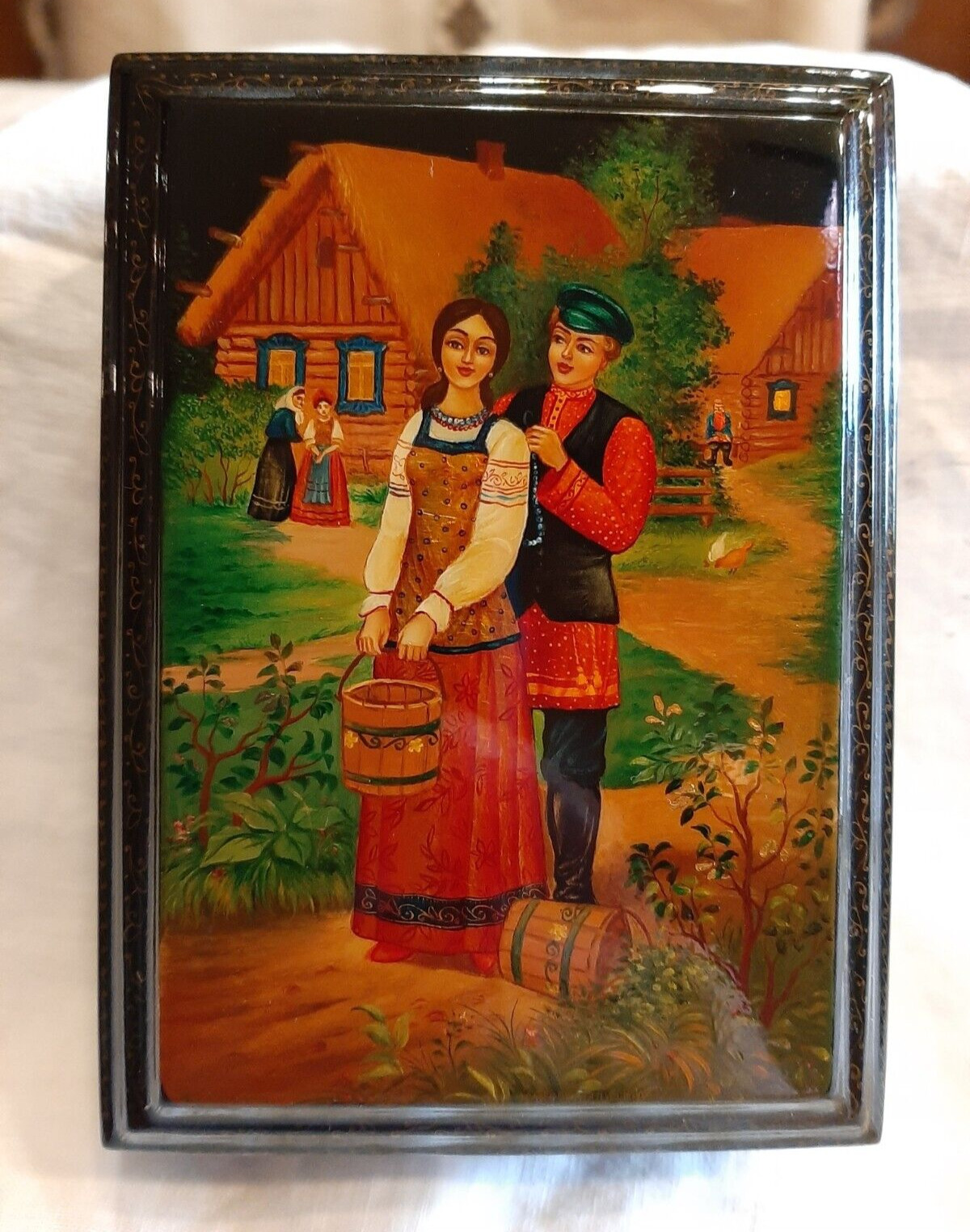 Vintage Russian Lacquer Box -- Signed (Peasant Lovers)