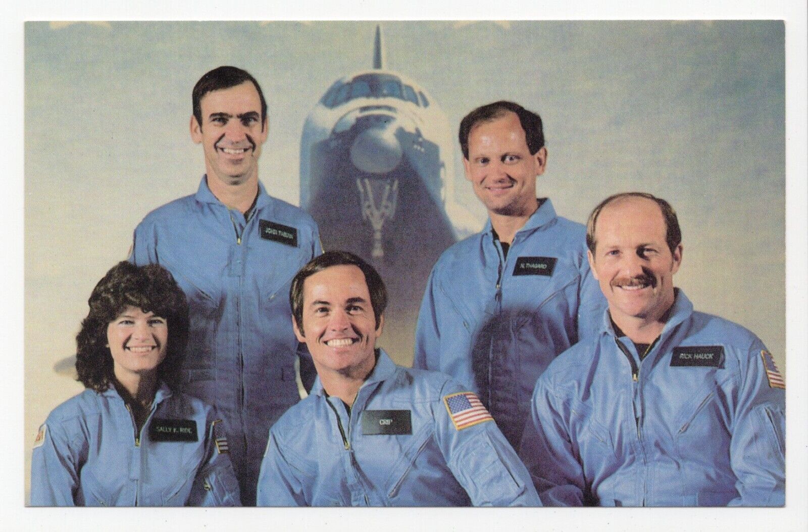 NASA Astronauts Challenger Five Crew Members Space 1980s Chrome Postcard