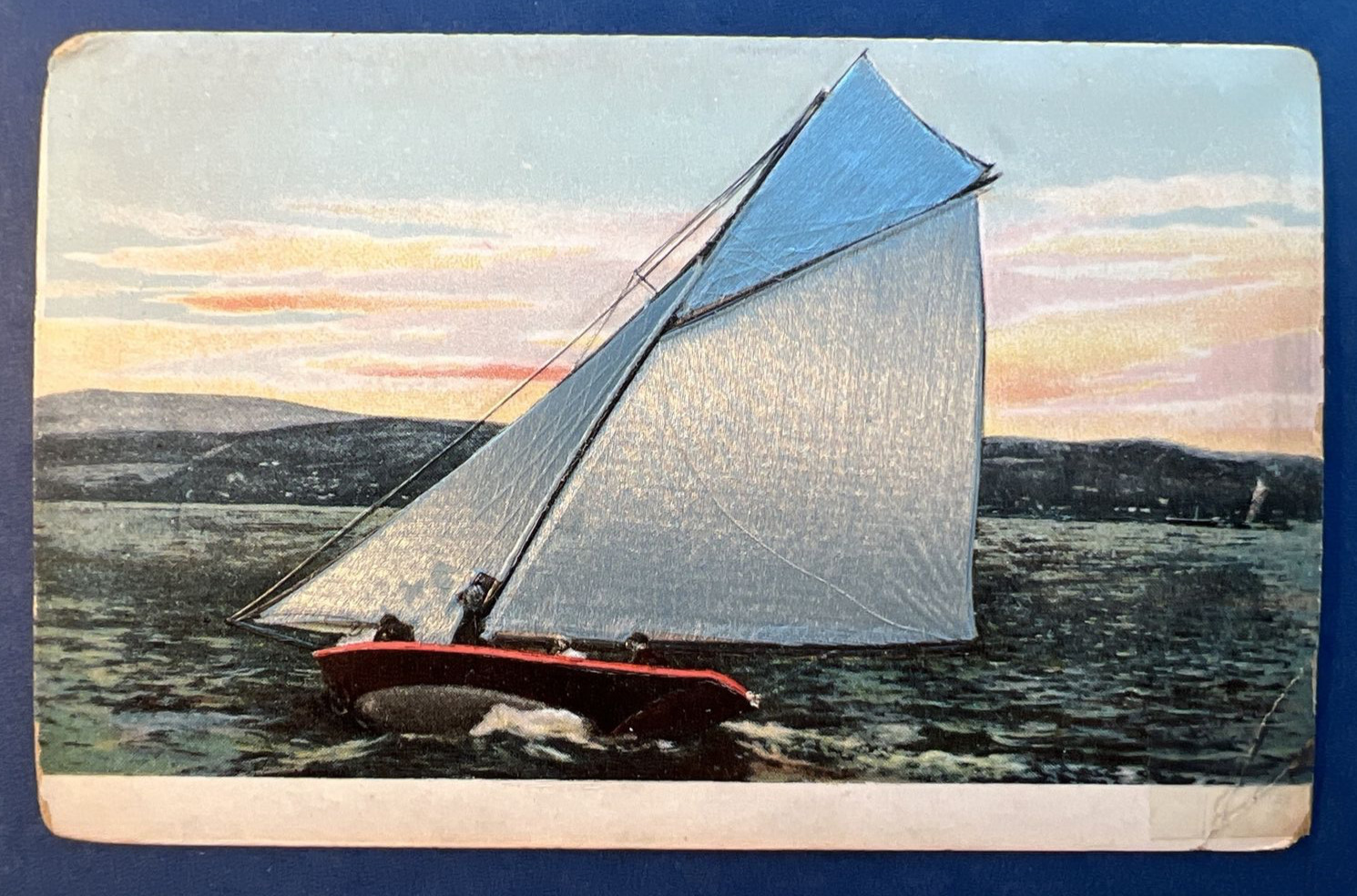 Sail Boat Greetings Antique Postcard. EMB. Silk for Sails. PUBL:Illustrated 1907