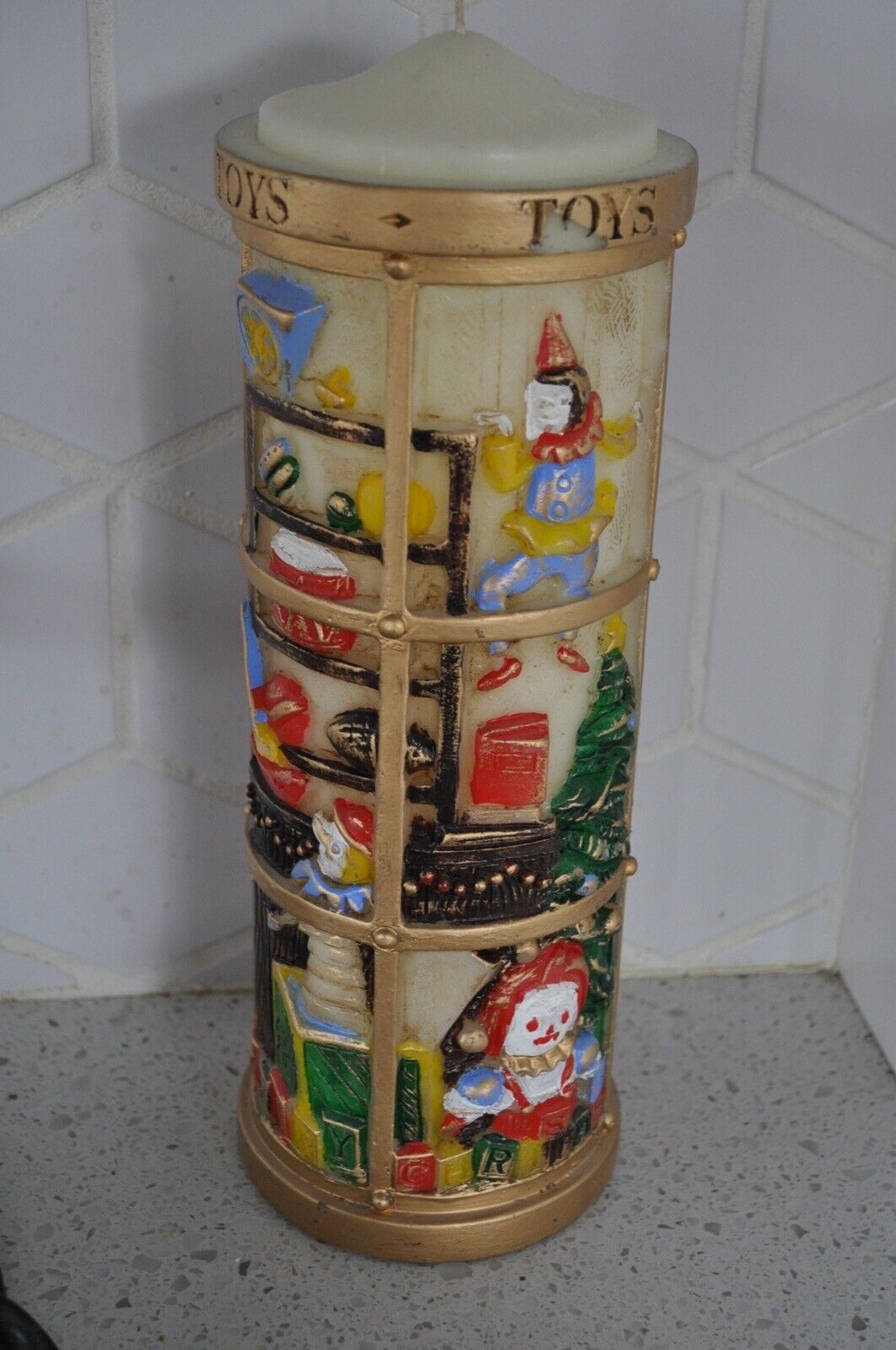 Vintage Christmas Toys Candle XL Pillar from Carolina Made in Japan