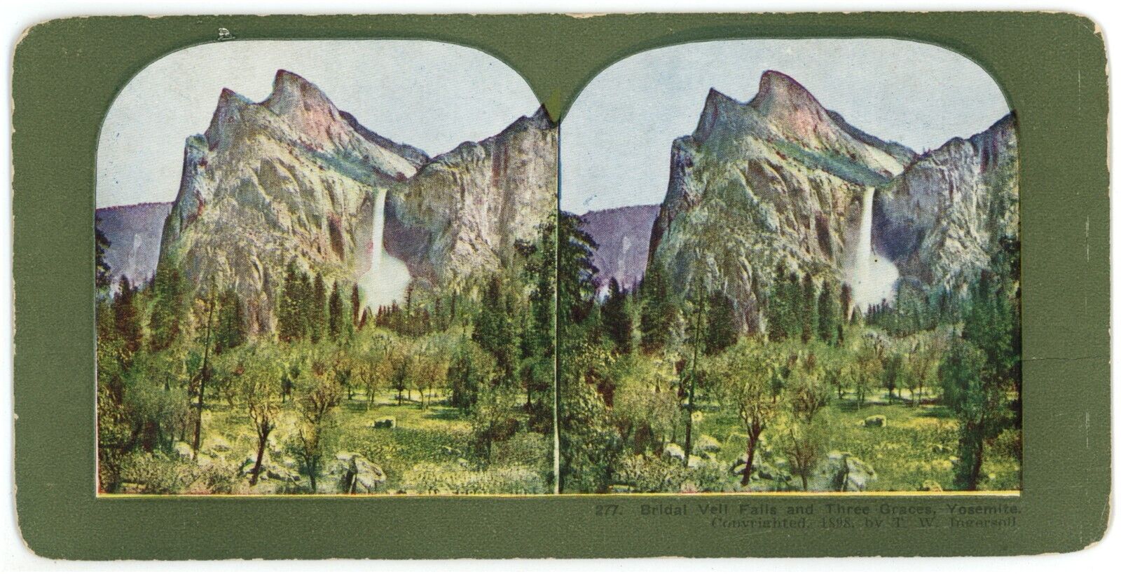 c1900's Colorized Stereoview Bridal Veil Falls and Three Graces, Yosemite, CA